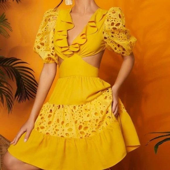 . Dresses & Skirts - Boho Cut Out Embroidery Eyelet Ruffle Trim  Tie Back Dress